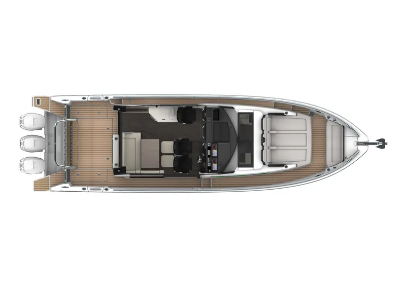 Slide: The Image of Top view of 2024 Wellcraft 355 boat layout with triple outboard engines. - 10