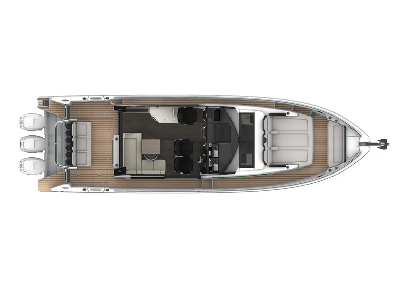 Slide: The Image of Top view of 2024 Wellcraft 355 boat layout with triple outboard engines. - 11