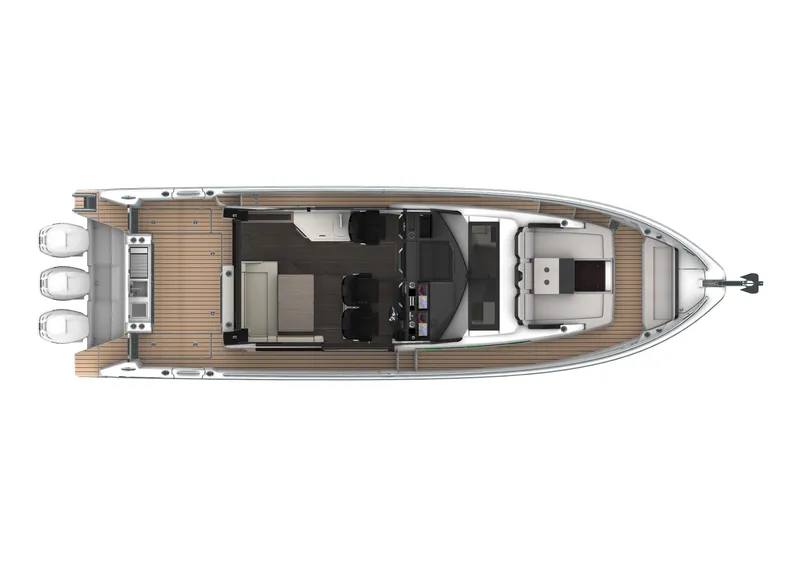 Slide: The Image of 2024 Wellcraft 355 boat interior layout with triple outboard engines. - 12