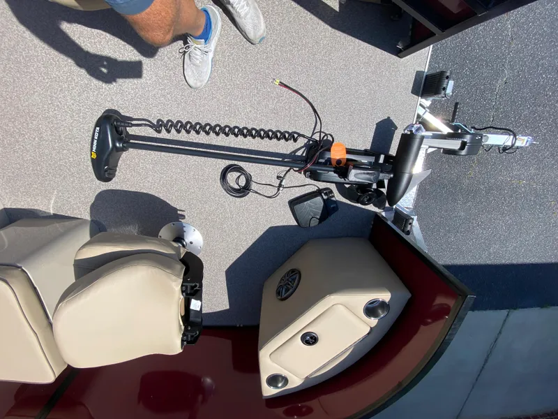 Slide: The Image of 2023 Veranda Fish VF20F4 boat interior with trolling motor and beige seating. - 7