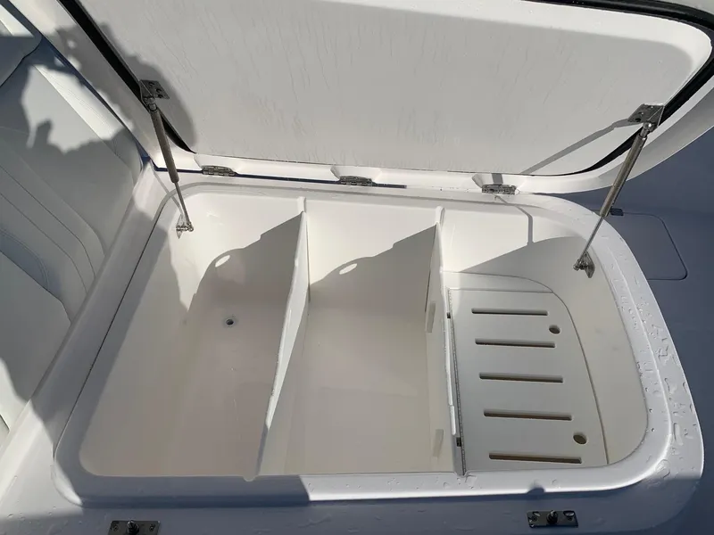 Slide: The Image of 2024 Invincible 33 Catamaran storage compartment with dividers and drainage. - 15