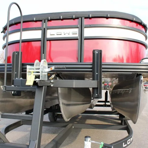 Slide: The Image of 2023 Lowe SS210 W Super Sport pontoon boat on trailer, rear view. - 3