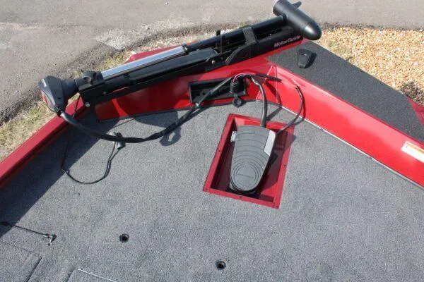 Slide: The Image of 2023 Lowe ST175 boat deck with trolling motor and foot pedal. - 3