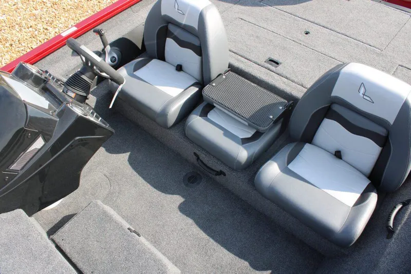 Slide: The Image of 2023 Lowe ST175 boat interior with gray and white seating. - 5