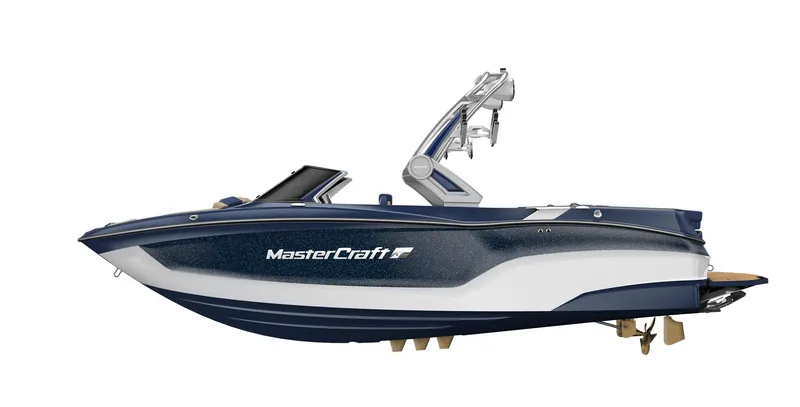 Slide: The Image of 2023 MasterCraft XT22 T boat, side view, blue and white design. - 23