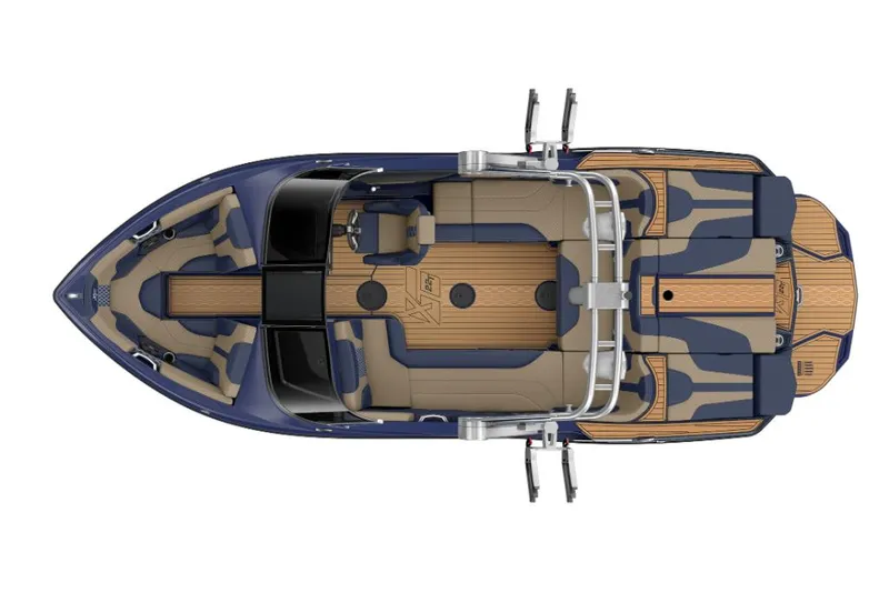 Slide: The Image of Top view of a 2023 MasterCraft XT22 T boat with a sleek design. - 24