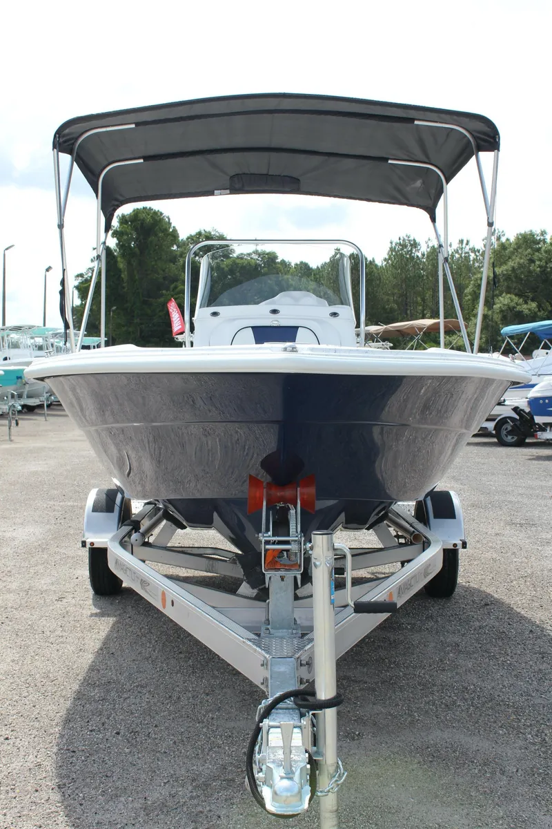Slide: The Image of 2022 ALK2 Powerboats 18 CRS on trailer, front view with canopy. - 11