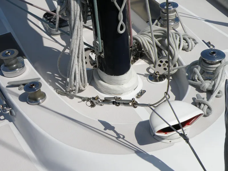 Slide: The Image of Deck of 1972 Tartan 41 sailboat with ropes and winches. - 10