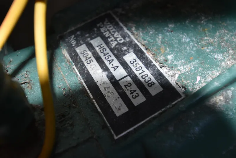 Slide: The Image of Close-up of Volvo Penta engine label on 2001 Camano 31 Trawler. - 15