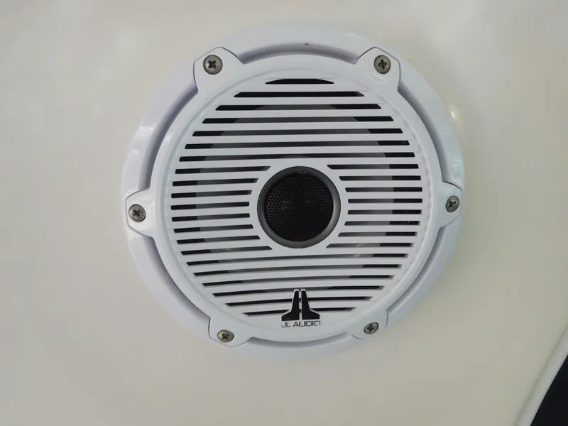 Slide: The Image of White JL Audio speaker on a 2005 Sea Ray 420 Sundancer boat. - 25