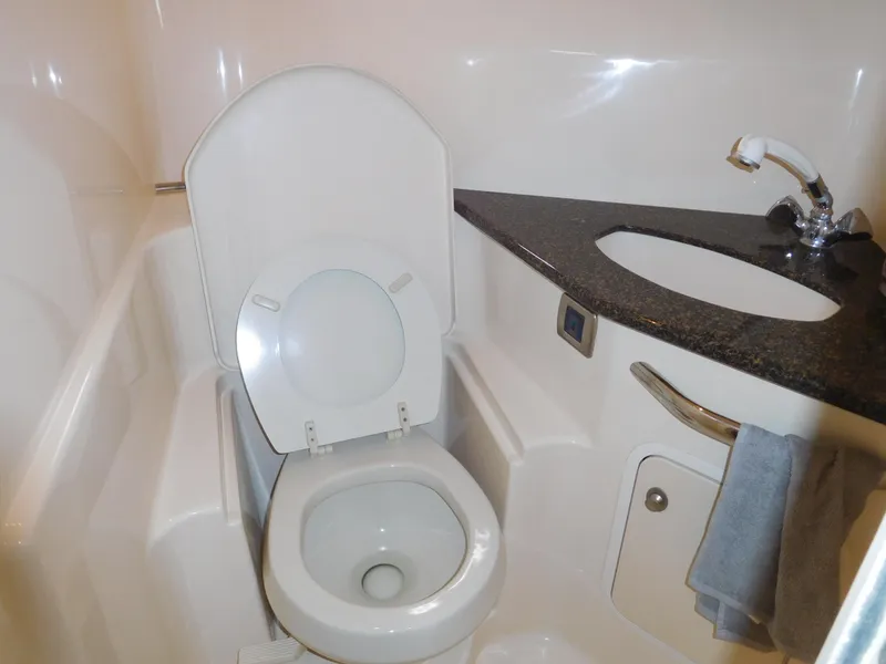Slide: The Image of 2005 Sea Ray 420 Sundancer bathroom with toilet and sink. - 38