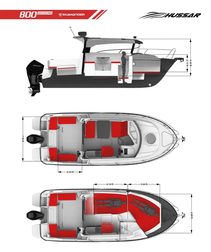 Slide: The Image of Parker Poland 800 Weekend 2022 boat layout with dimensions and seating plan. - 23