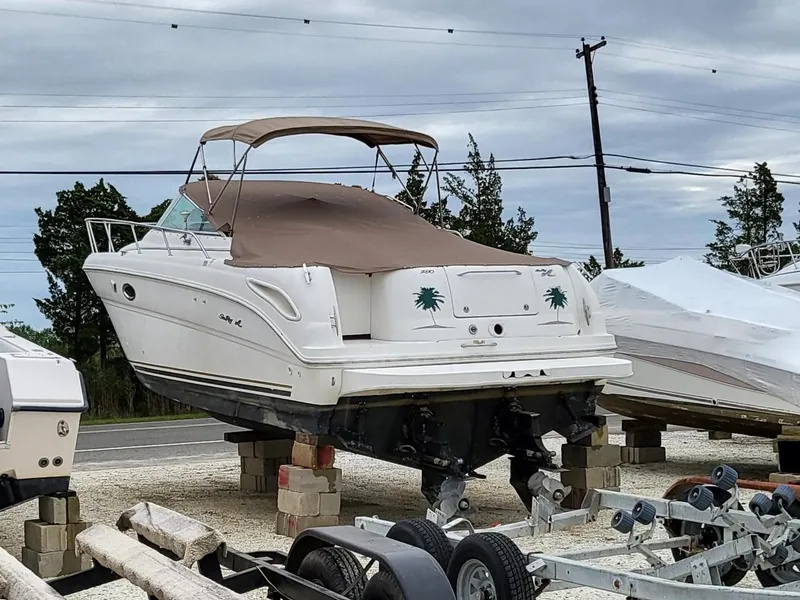 Slide: The Image of 2001 Sea Ray 290 Amberjack boat on blocks, covered, with palm tree decals. - 1