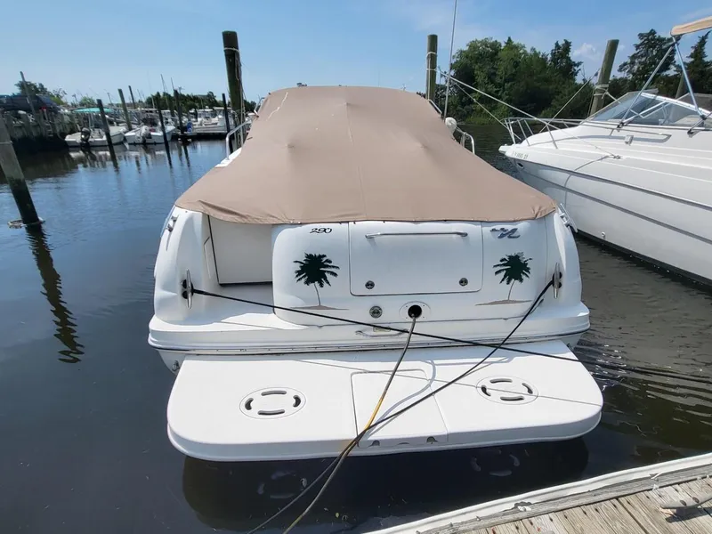 Slide: The Image of 2001 Sea Ray 290 Amberjack boat docked with cover, rear view. - 11