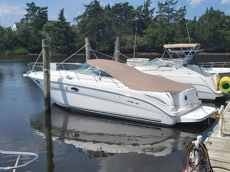 Slide: The Image of 2001 Sea Ray 290 Amberjack boat docked in a serene marina setting. - 26