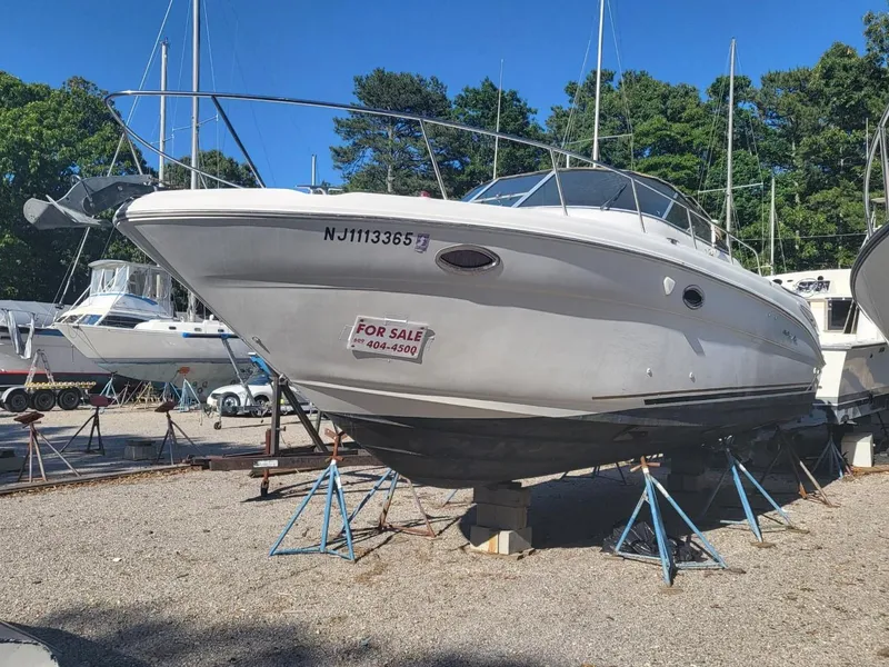 Slide: The Image of 2001 Sea Ray 290 Amberjack boat for sale, displayed on stands in a marina. - 40