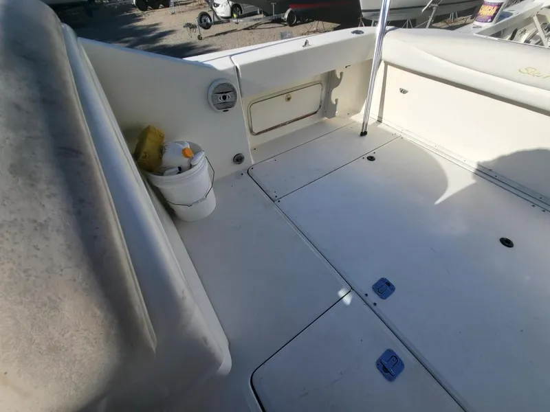 Slide: The Image of 2001 Sea Ray 290 Amberjack boat deck with storage compartments and cleaning supplies. - 44