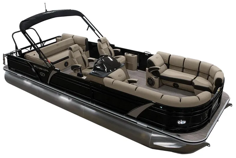 Slide: The Image of 2022 Veranda VP25VLC pontoon boat with luxurious seating and sleek black design. - 11