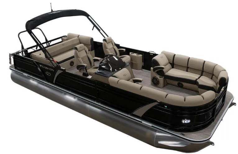 Slide: The Image of 2022 Veranda VP25VLC pontoon boat with beige seating and black exterior. - 14