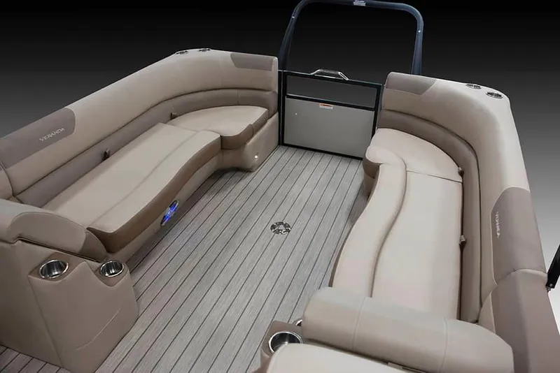 Slide: The Image of 2022 Veranda VR25RC pontoon boat interior with beige seating and wood-like flooring. - 12