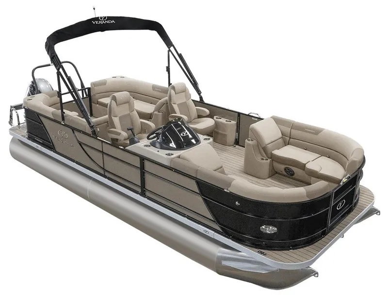 Slide: The Image of 2022 Veranda VR25RC pontoon boat with beige seating and black accents. - 21