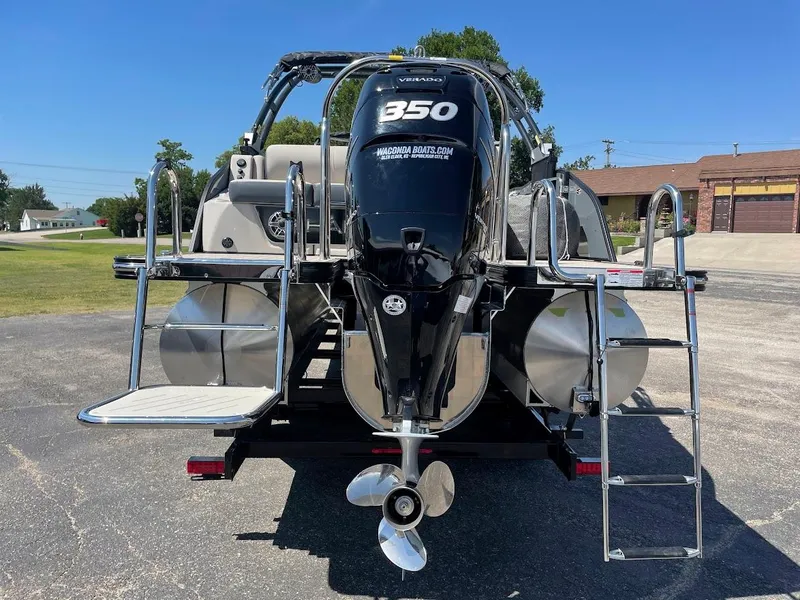 Slide: The Image of 2024 Harris 270 Grand Mariner pontoon boat with a 350 horsepower engine. - 17