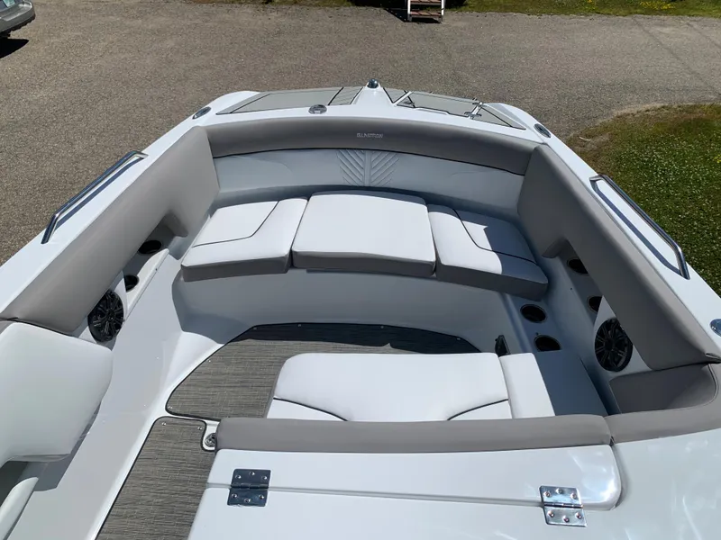 Slide: The Image of 2023 Glastron GTD 245 boat with spacious seating and modern design. - 48