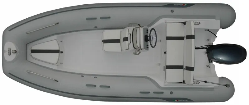 Slide: The Image of 2024 AB Inflatables 15 VST boat, top view, grey with seating and outboard motor. - 3