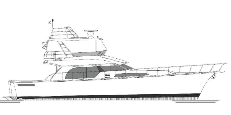 The Image of 2026 Mikelson Long Range Luxury Sportfisher yacht, side view, sleek design, detailed line drawing. - 0