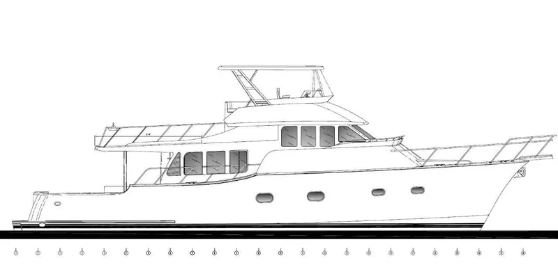 The Image of 2026 Mikelson Nomad Long Range Cruising Sportfish yacht blueprint, side view. - 0