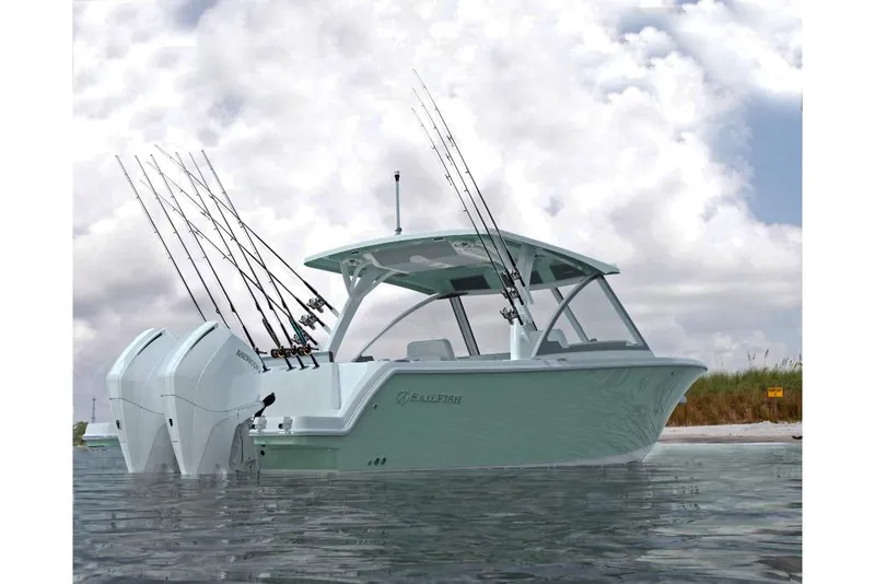 Slide: The Image of 2023 Sailfish 316 DC boat with dual outboard motors on calm water. - 25