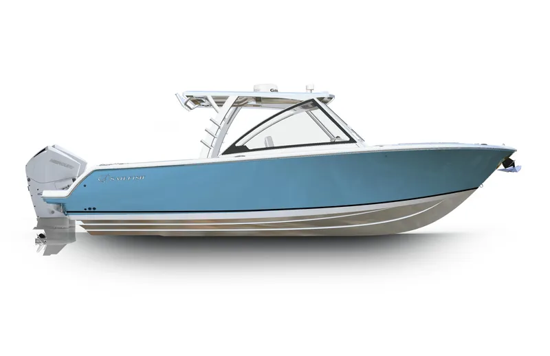 Slide: The Image of 2023 Sailfish 316 DC boat, side view, blue hull, dual console design. - 29