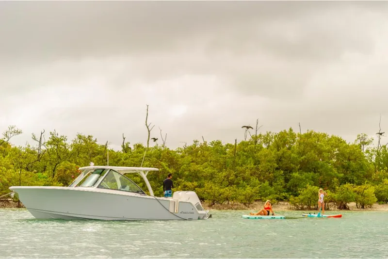 Slide: The Image of 2023 Sailfish 316 DC boat near paddleboarders in calm waters. - 31