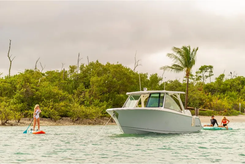 Slide: The Image of 2023 Sailfish 316 DC boat anchored near paddleboarders in tropical waters. - 32