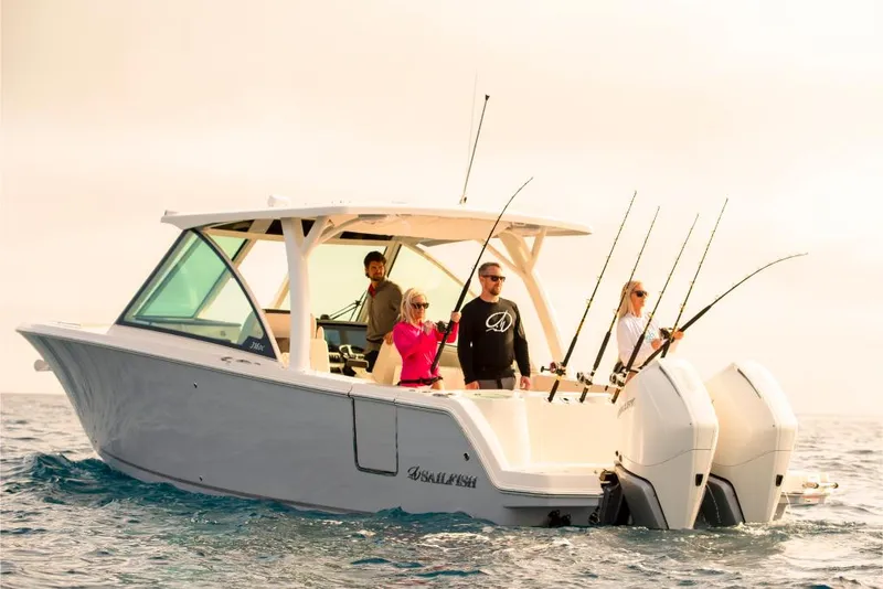 Slide: The Image of 2023 Sailfish 316 DC boat with people fishing on the ocean. - 41