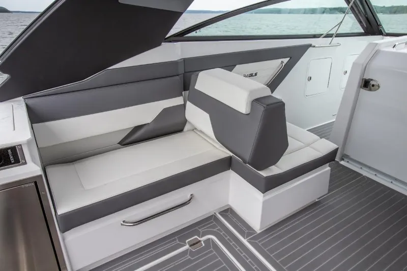 Slide: The Image of 2023 Cruisers Yachts 34 GLS I/O interior seating with modern design and lake view. - 25