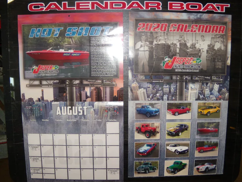 Slide: The Image of 1970 Century Mark II boat featured in 2020 calendar with classic cars and August month view. - 16