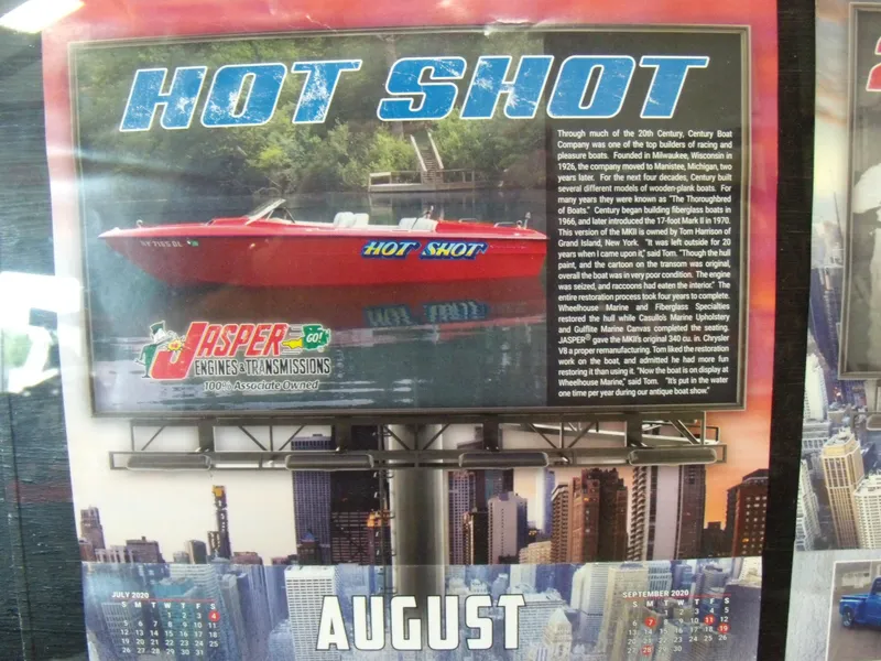Slide: The Image of 1970 Century Mark II boat 'Hot Shot' on August calendar page. - 17