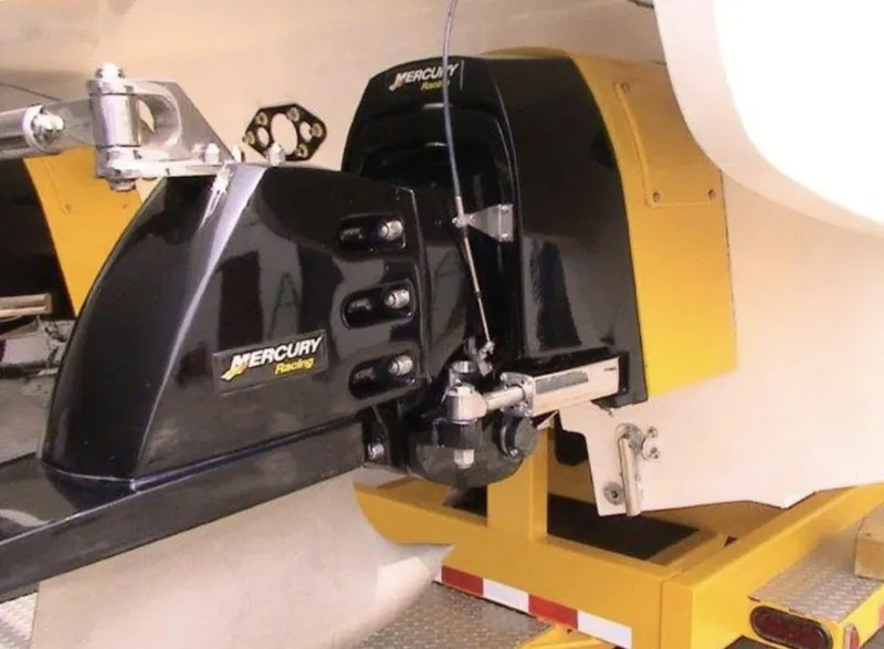 Slide: The Image of 2006 MTI 44 boat with Mercury Racing engine on trailer. - 4