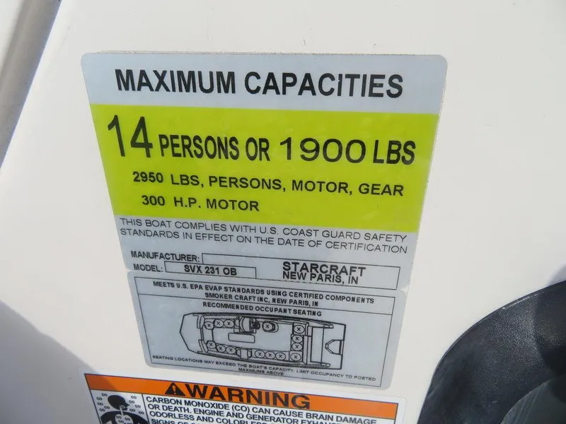 Slide: The Image of 2023 Starcraft SVX OB 231 OB boat capacity label, 14 persons or 1900 lbs, 300 HP motor. - 10