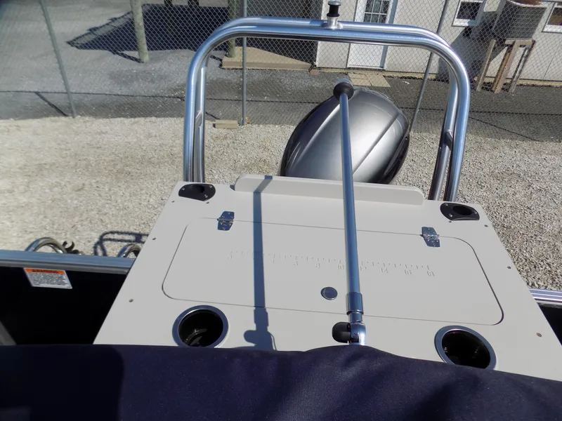 Slide: The Image of 2022 Sylvan Mirage Fish 8522 Party Fish boat deck with motor and railing. - 12