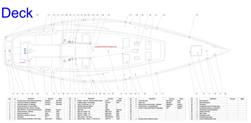 Slide: The Image of Deck layout blueprint of a 1971 Little Harbor sailboat, featuring detailed specifications. - 4