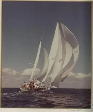Slide: The Image of 1971 Little Harbor sailboat navigating open sea with full sails. - 8