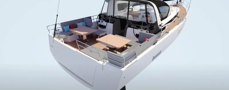 Slide: The Image of 2024 Jeanneau Yacht 55, spacious deck with seating and modern design. - 12