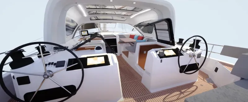 Slide: The Image of 2024 Jeanneau Yacht 55 cockpit with dual steering wheels and modern interior design. - 19