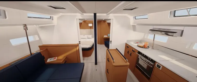 Slide: The Image of Interior of 2024 Jeanneau Yacht 55, featuring modern kitchen and cozy seating area. - 4