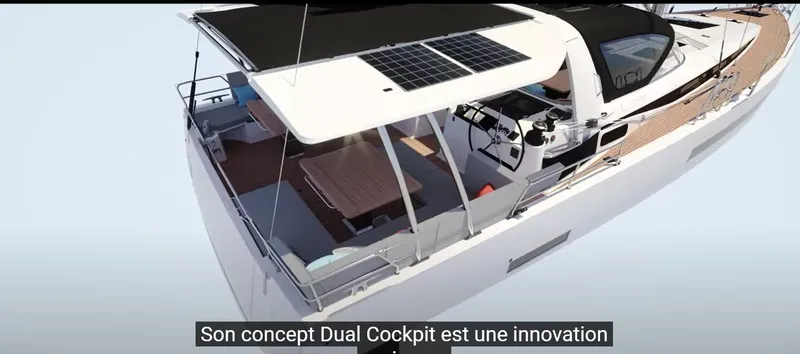 Slide: The Image of 2024 Jeanneau Yacht 55 with innovative dual cockpit design and solar panels. - 8