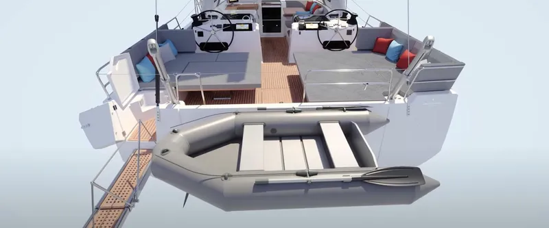 Slide: The Image of 2024 Jeanneau Yacht 55 with spacious deck, dual steering wheels, and inflatable dinghy. - 9