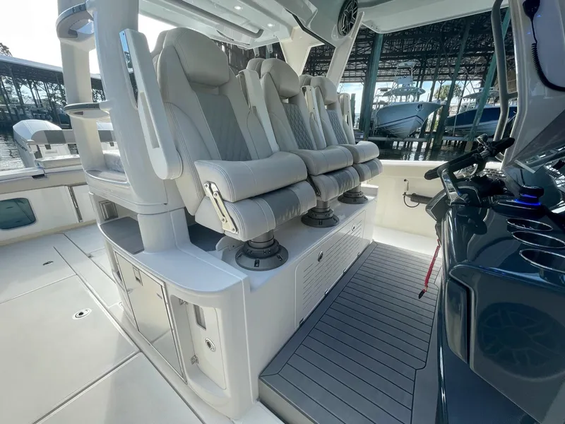 Slide: The Image of 2023 Solace 41 CS boat interior with luxurious seating and modern design. - 28