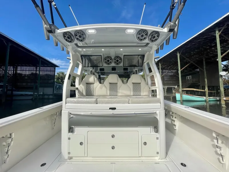 Slide: The Image of 2023 Solace 41 CS boat interior with seating and storage compartments. - 29